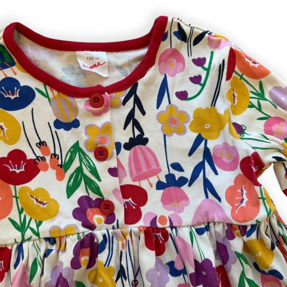 Hanna Andersson Girls Long Sleeve Floral Dress Red Trim/Buttons Size 120 (6-7)
